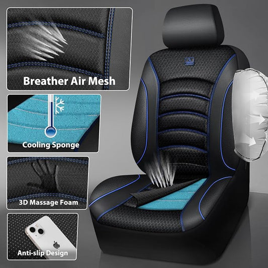 CAR PASS Comfortable 3D Foam Mesh Leather Car Seat Covers Full Sets, Air Cool Mesh Breathable Seat Covers for Car, Universal 5 Seats Fit for SUV Truck Sedan Automotive, Airbag Compatible,Black Blue