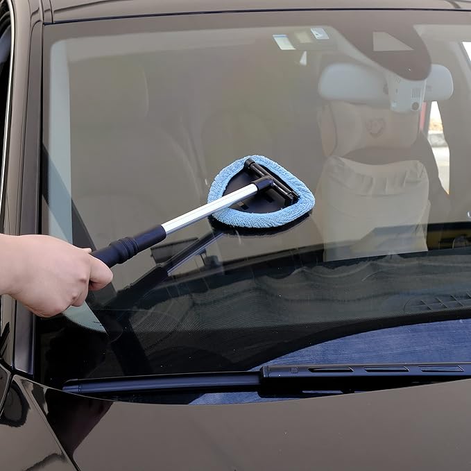 Polyte Pivoting Windshield Glass Cleaning Tool Extendable Aluminum Handle w/3 Premium Microfiber Covers, Spray Bottle, Mesh Bag, Triangle Shaped Plate