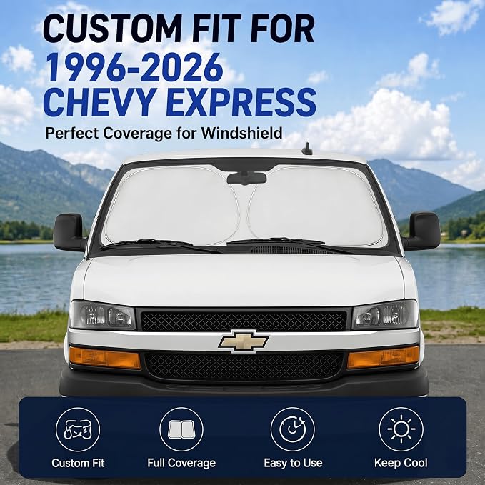 Custom Fit Windshield Sun Shade for Chevy Chevrolet Express 1996-2026 | Custom Fit Windshield Cover, Blocks UV Rays, Double-Layer Heat Shield, Durable Frame, Easy Fold & Storage