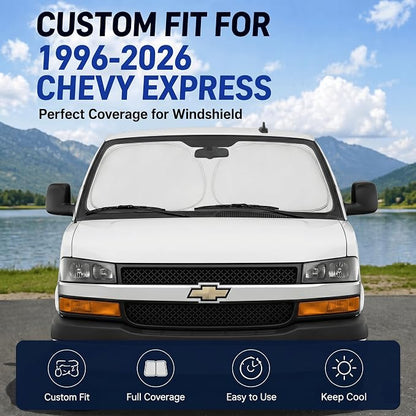 Custom Fit Windshield Sun Shade for Chevy Chevrolet Express 1996-2026 | Custom Fit Windshield Cover, Blocks UV Rays, Double-Layer Heat Shield, Durable Frame, Easy Fold & Storage