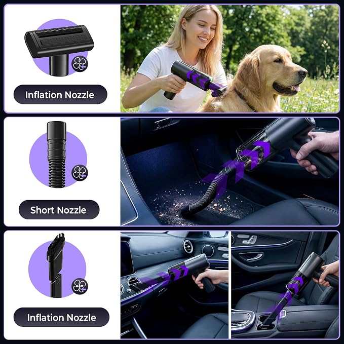 20000Pa Cordless Car Vacuum, 80,000 RPM Brushless Motor Handheld Vacuum with 7-in-1 Air Duster Blower, Portable Type-C Rechargeable Cleaning Kit for Pet Hair, Home & Office, Black