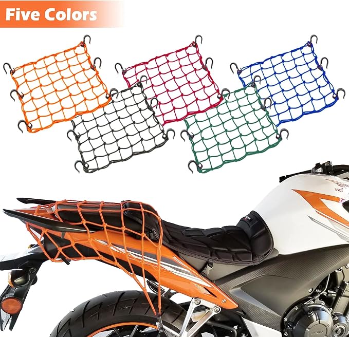 Small Cargo Net 15"x15" Stretches to 30"x30" with Thicken Hooks | Natural Latex Core, Tight 2”x2” Mesh Heavy Duty Bungee Net for Motorcycle Helmet, Bike, ATV, UTV, Luggage (Blue, 2 Pack)