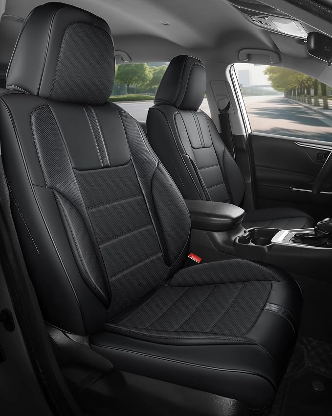 FREESOO Universal Front Seat Covers, Waterproof Faux Leather Automotive Seat Covers with Carbon Fiber Texture Seat Belt Pads, Anti-Slip Airbag Compatible Car Seat Protectors for Cars SUVs Trucks