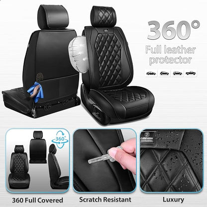 CAR PASS Luxury Nappa Leather Car Seat Covers Front Seats Only, Waterproof Faux Leather Front Seat Covers, Universal Automotive Seat Cushion Fit for Sedan SUV Truck Van, Airbag Compatible Rhomb Black