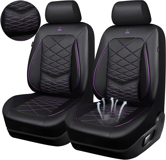 CAR PASS Luxury Nappa Leather Front Seat Covers, Water Resistant 3D Foam Seat Covers with Lumbar Support, Breathable Auto Seat Cover Airbag Compatible Universal Fit Sedan SUV Van Truck, Black Purple