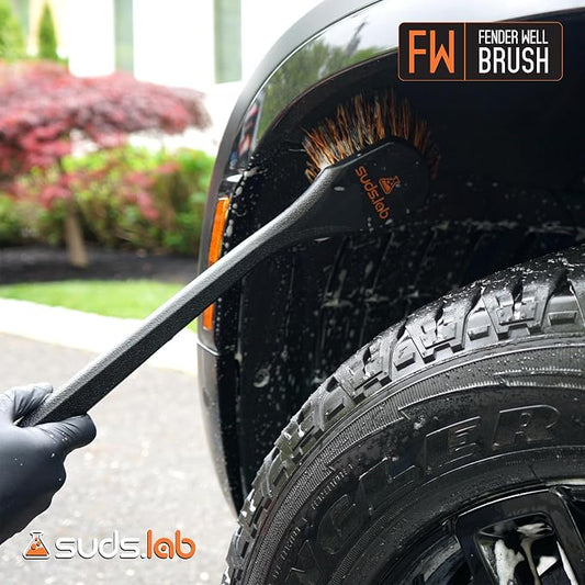 Suds Lab FW Fender Well Brush, Car Wash Brush, Long Handle Tire Cleaner for Car Detailing, 18 Inch, Soft Bristles, Non-Slip Grip, Black