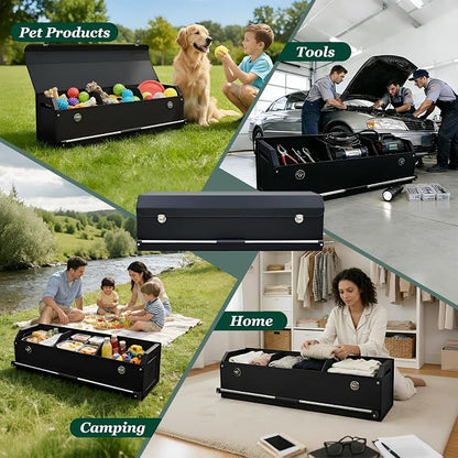 Car Trunk Organizer, Leather Car Trunk Storage Organizer with Lid and Sturdy Handle Car Organizer Storage Box Suv Trunk Organizer (Black, 40.5 x 11.4 x 12.2in)