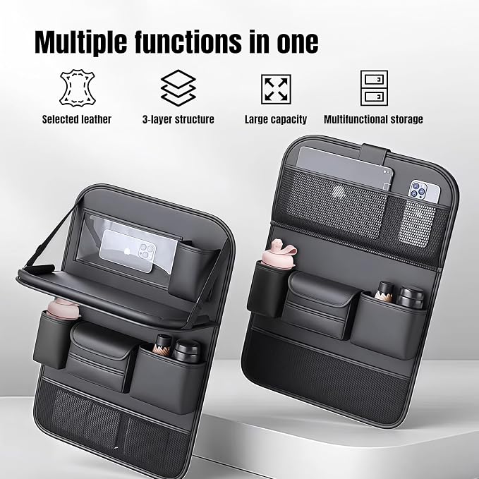 Car Backseat Organizer with Foldable Table Tray,Car Seat Back Protector with Touch Screen Phone Holder,Premium PU Leather Material,Compatible with Suitable for Most Car Travel Accessories
