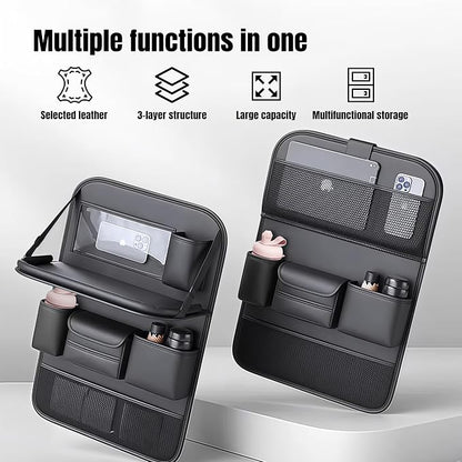 Car Backseat Organizer with Foldable Table Tray,Car Seat Back Protector with Touch Screen Phone Holder,Premium PU Leather Material,Compatible with Suitable for Most Car Travel Accessories