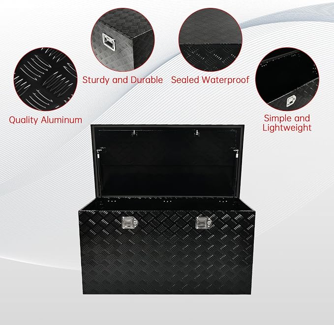 48''Inch Aluminum Truck Tool Box Truck Bed Toolbox Truck Trailer Chest Box Trailer Underbody Storage Organizer Waterproof Square Storage Organizer w/Lock & Keys Black(‎48" Lx24''x24'')