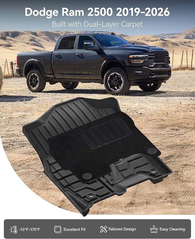 3W Floor Mats with Carpets for 2019-2025 2026 Ram 2500/3500 Crew Cab with Bucket Seat (Not for PTO KIT Models), All Weather TPE Floor Liners 1st & 2nd Row (for Carpet Floor), Black