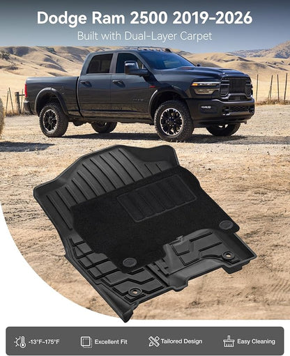 3W Floor Mats with Carpets for 2019-2025 2026 Ram 2500/3500 Crew Cab with Bucket Seat (Not for PTO KIT Models), All Weather TPE Floor Liners 1st & 2nd Row (for Carpet Floor), Black