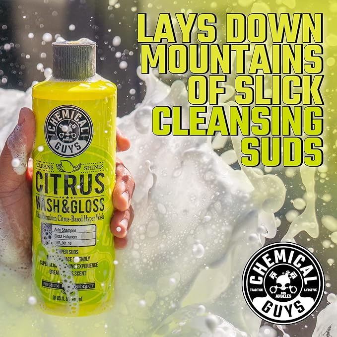 Chemical Guys Citrus Wash & Gloss Foaming Car Wash Soap - High Suds Formula Foam Cannon Soap for Foam Blasters, or Bucket Washes - Safe on Paint, Clear Coat, and Wax, Citrus Scent - 16 oz
