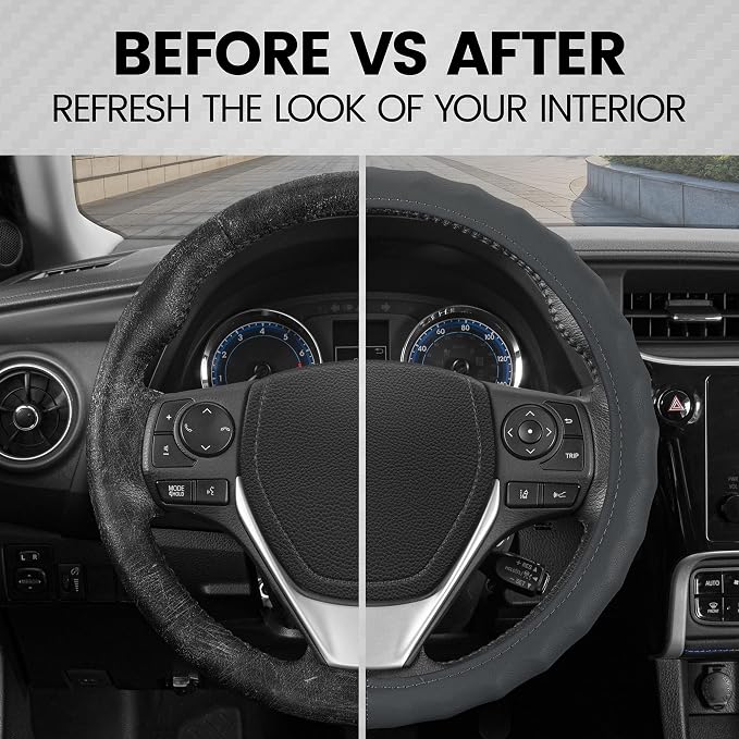 BDK SW-899-MG Genuine Leather Car Steering Wheel Cover 14.5-15 inch Medium/Gray, Easy Installation