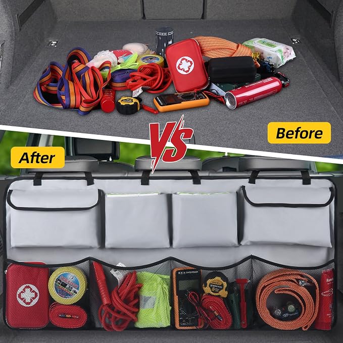 Snuopfy Car Backseat Hanging Trunk Organizer – Gray, 8 Large Storage Bags - Super Capacity Storage Solution for SUVs, Trucks, Vans, and Cars - Ultimate Car Organization for a Clutter-Free Space