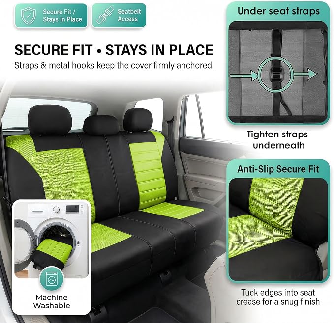 FH Group Automotive Car Seat Covers Rear Set Premium 3D Air Mesh Seat Covers, Airbag Compatible and Split Bench Cover Universal Fit Interior Accessories for Cars Trucks and SUVs - Green