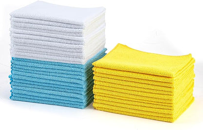 Amazon Basics Microfiber Cleaning Cloths, Ultra Absorbent, Scratch-Free, Highly Absorbent, Non-Abrasive, Reusable and Washable, 16" x 12", Blue/White/Yellow, 36-Pack
