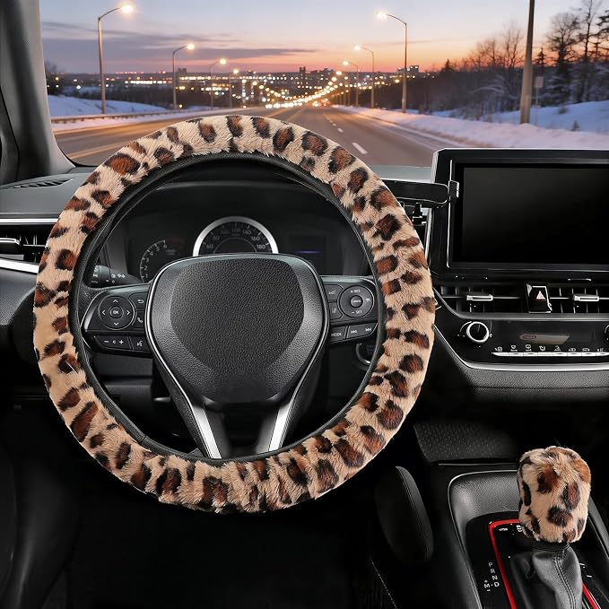 SEG Direct Furry Car Steering Wheel Cover with Gear Shift Cover, Soft and Warm, Cute Fluffy Auto Decor for Women Men, Standard Size, 2 PCS Set, Brown Leopard