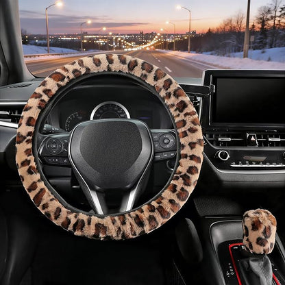 SEG Direct Furry Car Steering Wheel Cover with Gear Shift Cover, Soft and Warm, Cute Fluffy Auto Decor for Women Men, Standard Size, 2 PCS Set, Brown Leopard