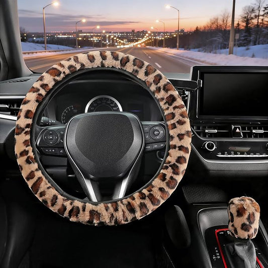 SEG Direct Furry Car Steering Wheel Cover with Gear Shift Cover, Soft and Warm, Cute Fluffy Auto Decor for Women Men, Standard Size, 2 PCS Set, Brown Leopard
