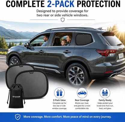 2-Pack Car Window Shades by Enovoe - 19" x 12" in Side Window Cover for SUVs, Sedans, and Trucks - Protects Baby from UV Rays and Glare - Cling Design for Easy Use - Plain