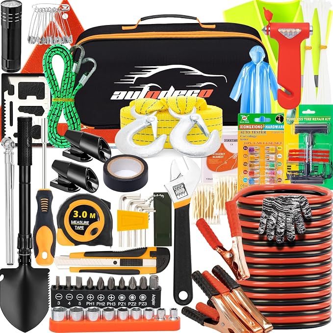 82Pcs Car Roadside Emergency Kit with Jumper Cable - Automotive Safety Kit with Shovel