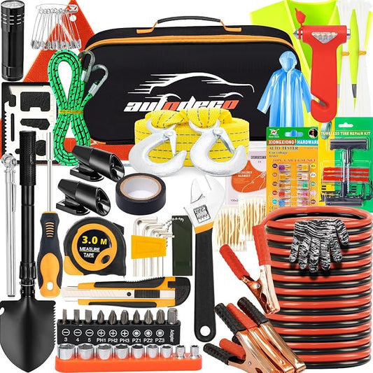 82Pcs Car Roadside Emergency Kit with Jumper Cable - Automotive Safety Kit with Shovel