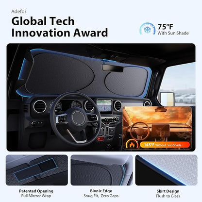 Upgraded Windshield Sun Shade for Jeep Wrangler 2000-2026 and Jeep Gladiator [Super Heat Insulation, 99.9% Sun Protection] Foldable Sunshade with Storage Bag, Car Accessories, XS (59 x 21 in)