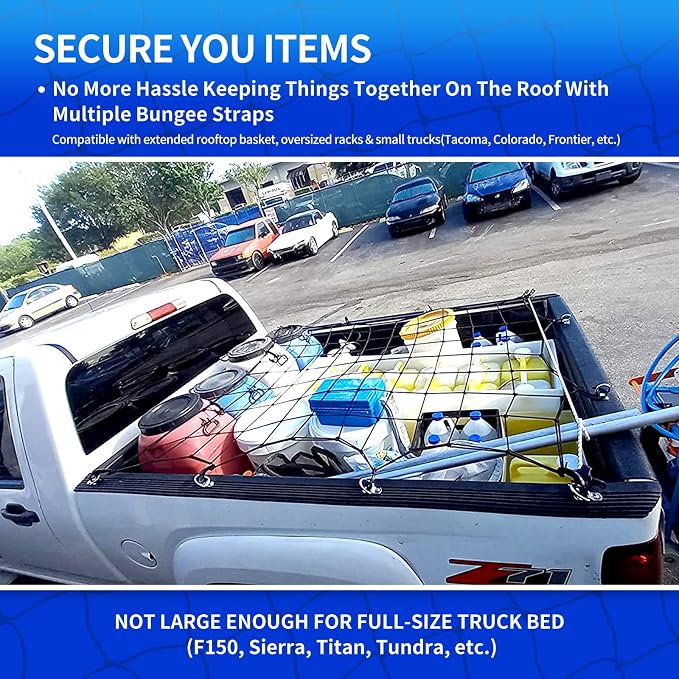 3' x 4' Cargo net Bungee Nets Stretches to 6' x 8',Small Truck Bed Cargo Net for Cars SUVs, for Frontier, Toyota Tacoma Short Bed Cargo Netting, Colorado & Subaru Accessories