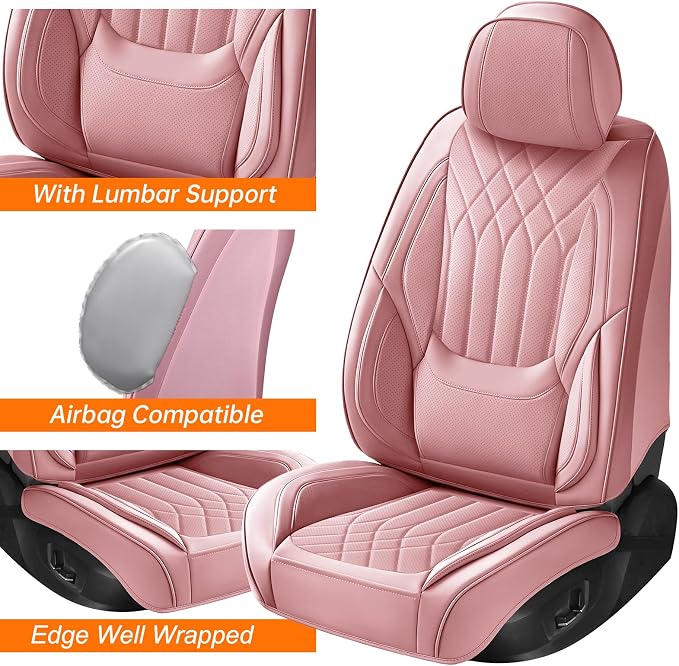 Pink Leather Car Seat Covers Front Seats, Luxury Automotive Seat Covers with Lumbar Support, Waterproof Pink Car Accessories Seat Protector Universal Fit for Most Cars Trucks Pick-ups SUVs
