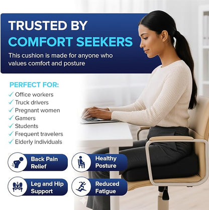 Seat Cushion for Chair, Memory Foam Seat Cushion for Tailbone Pain Relief- Ergonomic Support for Coccyx, Back & Butt- Office & Truck Ergonomic Chair Cushion, Black