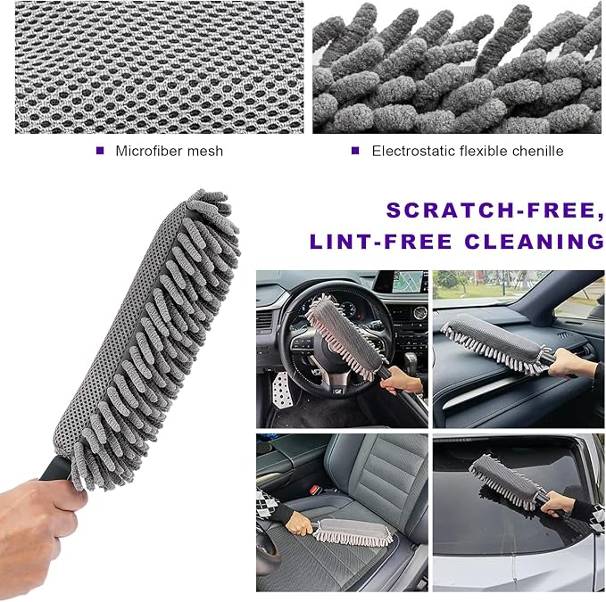 Car Interior Duster, Lint & Scratch Free Microfiber Dusting Tool with Comfy Handle, Multipurpose Hand-Held Duster Essential Cleaning Supplies for Vehicle Home Office