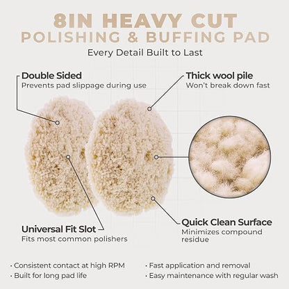 TCP Global 8" 100% Wool Polishing & Buffing Pad Double Sided - Wool Buffing Pad for Automotive, Marine, Truck, RV & Compound Cutting