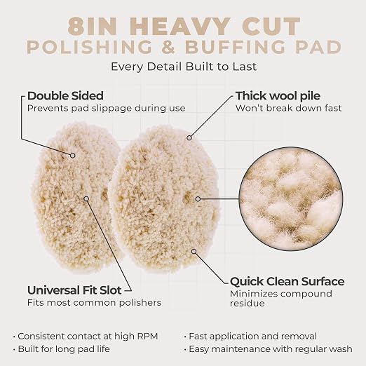 TCP Global 8" 100% Wool Polishing & Buffing Pad Double Sided - Wool Buffing Pad for Automotive, Marine, Truck, RV & Compound Cutting