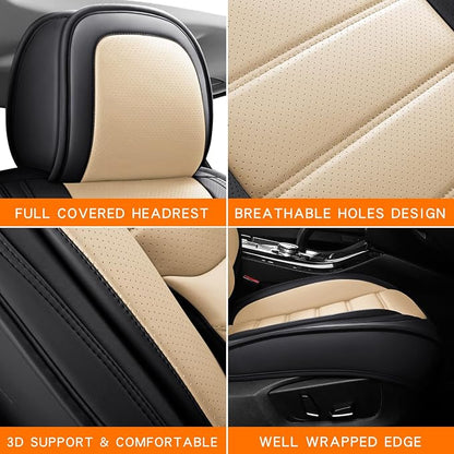 MINGBRON Car Seat Covers Full Set, Brown Car Seat Cover Lumbar Support, Car Seat Protector Waterproof, Nappa Leather Car Seat Cushion, Front Seats and Back Fit for Most Cars Beige