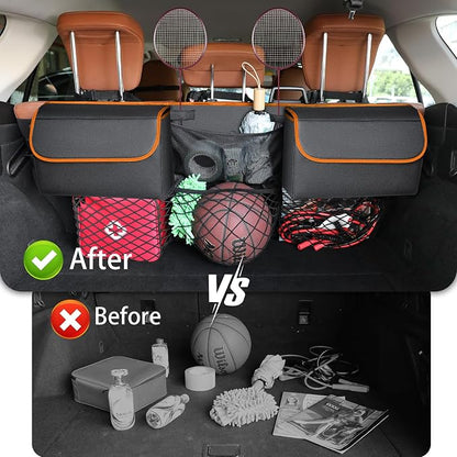 Deluxe Trunk Organizer, Orange, Compact & Mid Size SUV | Backseat Hanging, Waterproof Collapsible, 6 Pockets, Reinforced No-Sag Design