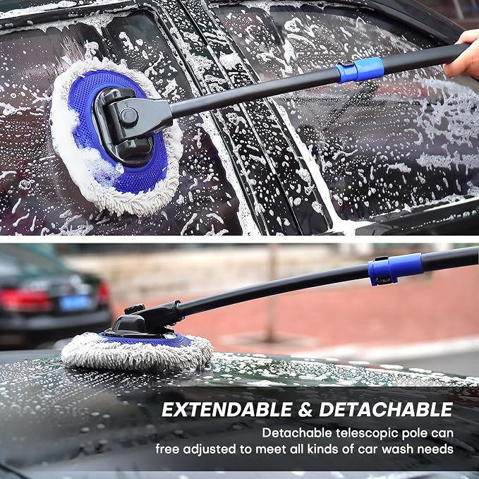 Ultimate Car Wash Brush with Long Handle | 15-Degree Curved Pole Design | Microfiber Brush Head | Adjustable Length | Wide Applications for Car, RV, Truck, Pickup | Car Wash Kit (Blue)