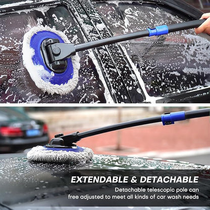 Ultimate Car Wash Brush with Long Handle | 15-Degree Curved Pole Design | Microfiber Brush Head | Adjustable Length | Wide Applications for Car, RV, Truck, Pickup | Car Wash Kit (Blue)