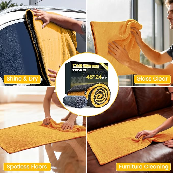 PUGPIU Microfiber Car Drying Towel Extra Large Super Absorbent 48"X24", 1400 GSM Flash Detail Car Wash Drying Towel Edgeless with Two Sided Soft Twisted-Loop, No Water Spots Streaks for Cars (Yellow)