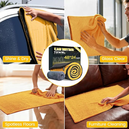 PUGPIU Microfiber Car Drying Towel Extra Large Super Absorbent 48"X24", 1400 GSM Flash Detail Car Wash Drying Towel Edgeless with Two Sided Soft Twisted-Loop, No Water Spots Streaks for Cars (Yellow)