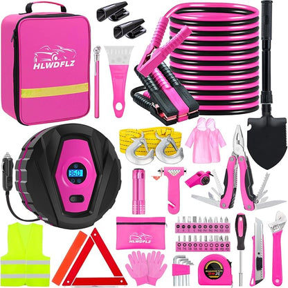 Car Emergency Kit with Portable Air Compressor - Roadside Emergency Kit for Vehicles, Winter Car Safety Roadside Assist Kit, Emergency Car Kit for Teen Girl and Ladies M-75
