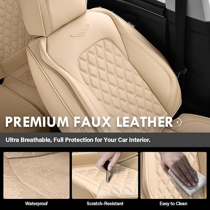 Coverado Full Set Leather Car Seat Covers, Waterproof Faux Leather Seat Covers, Beige Car Seat Protectors, 5 Seats, Universal Fit for Most Cars & SUVs-Beige