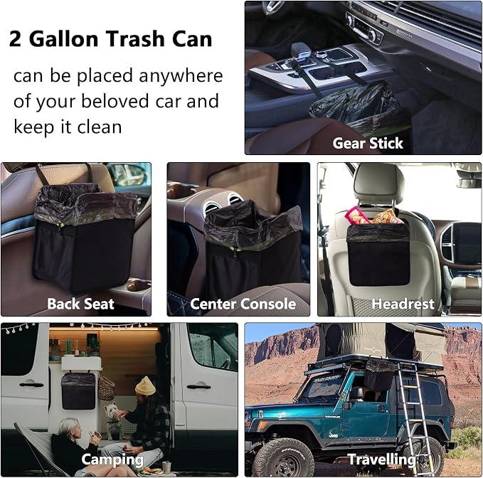 Ginsco 2 Gallons Open-Top Car Trash Can, Hanging Leakproof Car Trash Bag with Water-proof PEVA Liner, Stand Trash Bag for Cars Foldable Automotive Garbage Can for Cars SUV Truck RV Black