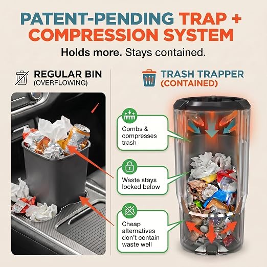 Trash Trapper Car Trash Can Cup Holder | Mini Car Trash Can | Fits in Most Doors | 5.1" x 2.9" | Traps More & Empties Less, Patent-Pending Compaction, Holds Weeks of Small Garbage, Black/Grey, 2-Pack