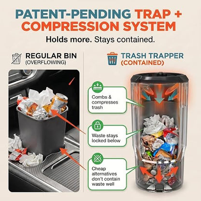 Trash Trapper Car Trash Can Cup Holder | Mini Car Trash Can | Fits in Most Doors | 5.1" x 2.9" | Traps More & Empties Less, Patent-Pending Compaction, Holds Weeks of Small Garbage, Black/Grey, 2-Pack