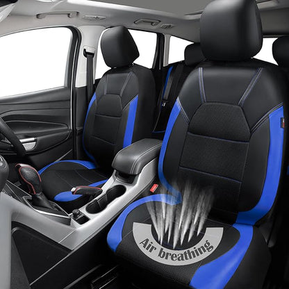 CAR PASS Leather Car Seat Covers Front Seats Only, with Air Mesh Front Seat Covers Breathable, Cool Automotive Seat Cover 2 Pack, Universal Fit Most Cars,SUV,Truck,Van Airbag Compatible(Black & Blue)