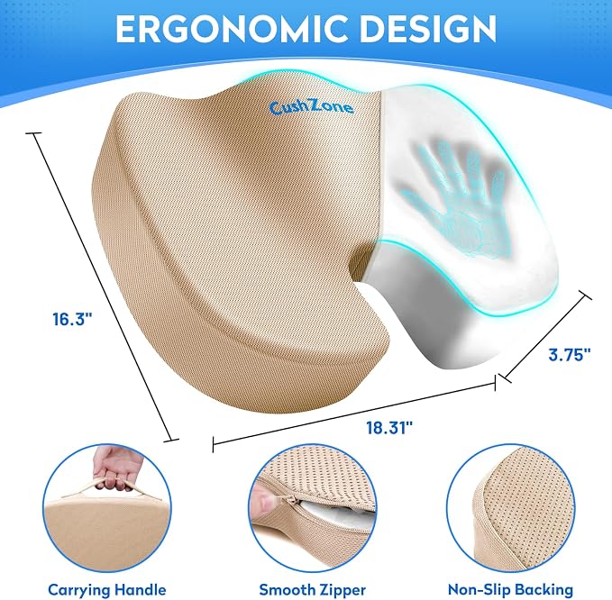 CushZone Seat Cushion, Office Chair Cushions, Car Seat Cushion, Non-Slip Sciatica & Back Coccyx Tailbone Pain Relief Chair Pad, Memory Foam (Large,Khaki)