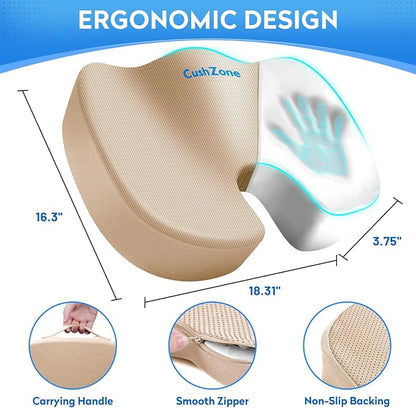 CushZone Seat Cushion, Office Chair Cushions, Car Seat Cushion, Non-Slip Sciatica & Back Coccyx Tailbone Pain Relief Chair Pad, Memory Foam (Large,Khaki)