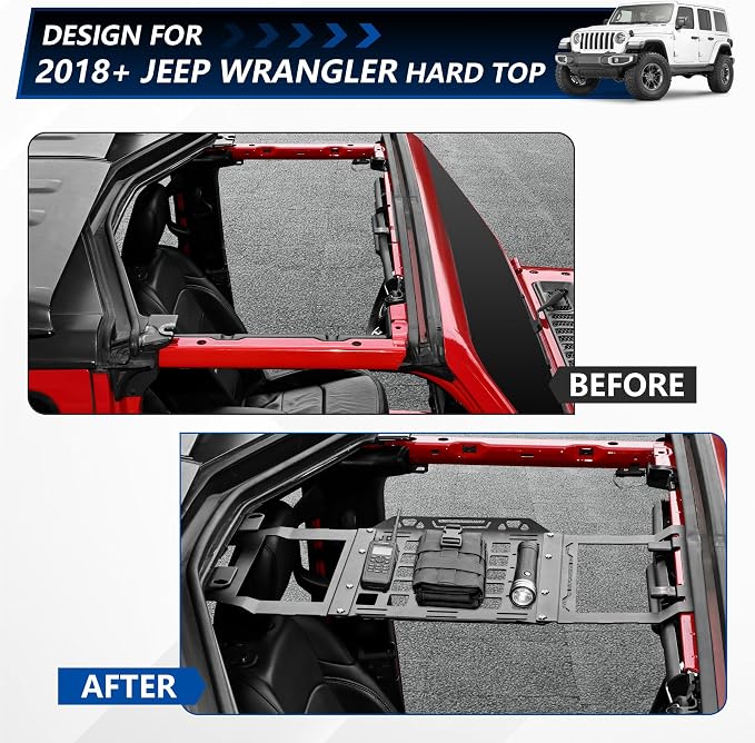sukemichi Hard Top Roof Rack Molle Panel for Jeep Wrangler JL JLU & Gladiator JT 2018-2026 Accessories, Storage Organizer Cargo Rack, Mounting Mobile Radio Tactical Pouch Flashlight Tool Bag, Steel