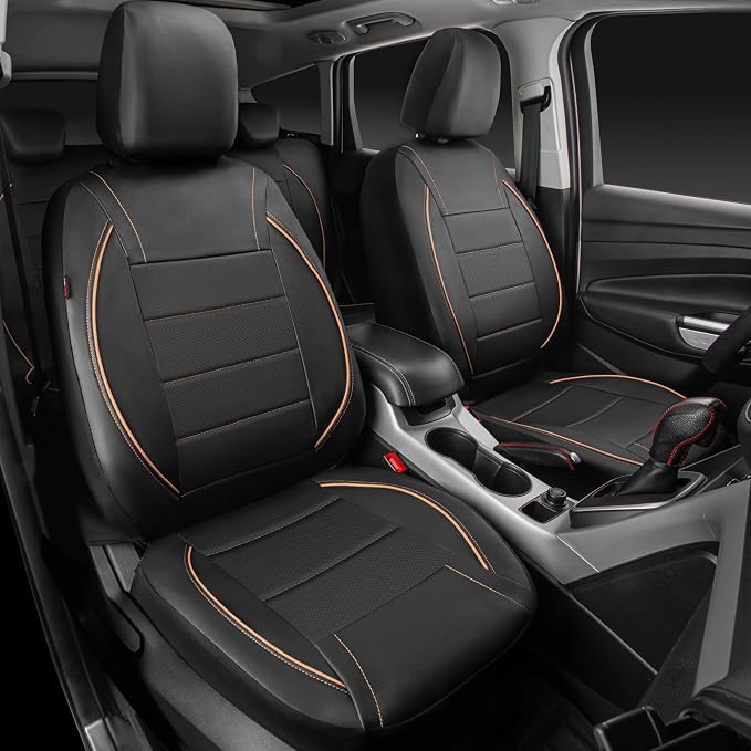 CAR PASS Universal FIT Piping Leather Car Seat Cover, for suvs,Van,Trucks,Airbag Compatible,Inside Zipper Design and Reserved Opening Holes (Full Set, Black and Beige)